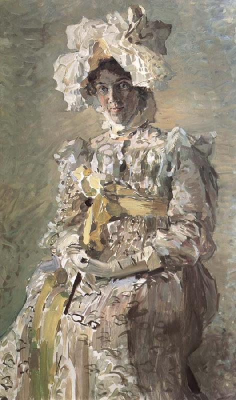  Portrait of Nadezhda zabela-Vrubel.the Artist's wife,wearing an empire-styles summer dress made to his design